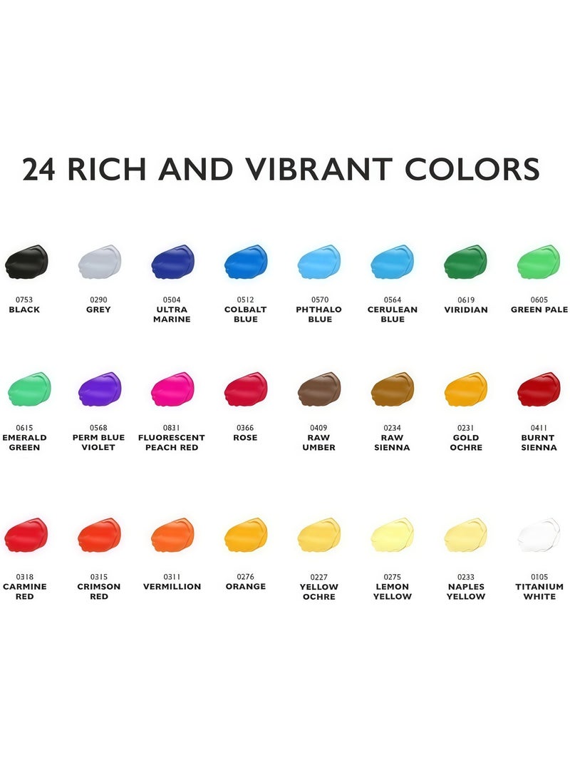 Acrylic Paint Set Canvas Art Paints 24 Colors Perfect Paint Finish (0.41oz,12 ml) With 3 Brushes - Painting Canvas, Paper, Wood, Rock, MDF, Ceramic & Fabric - Image 2