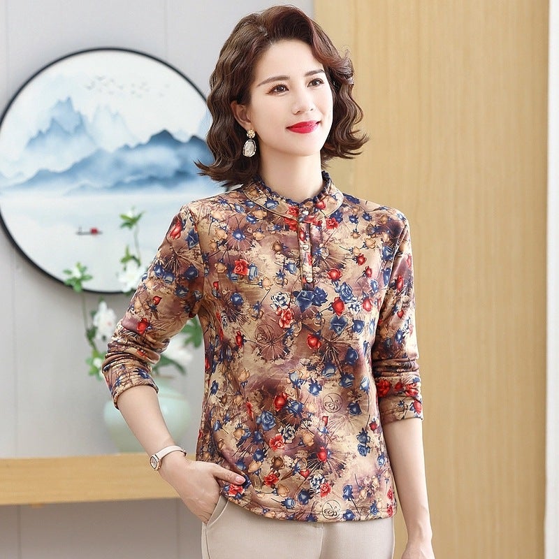 Fashion Warm Long-Sleeved T-Shirt Stylish Middle-Aged And Elderly Mother'S Meat Covering Top Fleece-Lined Thickened Base Shirt - Image 5