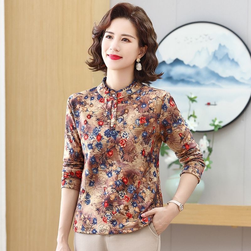 Fashion Warm Long-Sleeved T-Shirt Stylish Middle-Aged And Elderly Mother'S Meat Covering Top Fleece-Lined Thickened Base Shirt - Image 1
