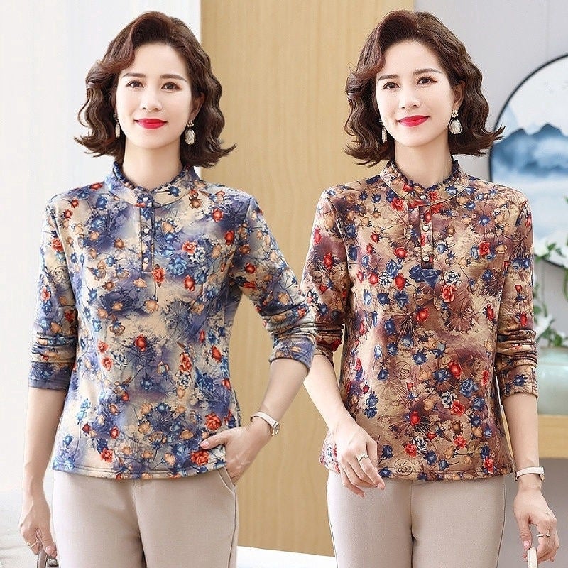 Fashion Warm Long-Sleeved T-Shirt Stylish Middle-Aged And Elderly Mother'S Meat Covering Top Fleece-Lined Thickened Base Shirt - Image 3