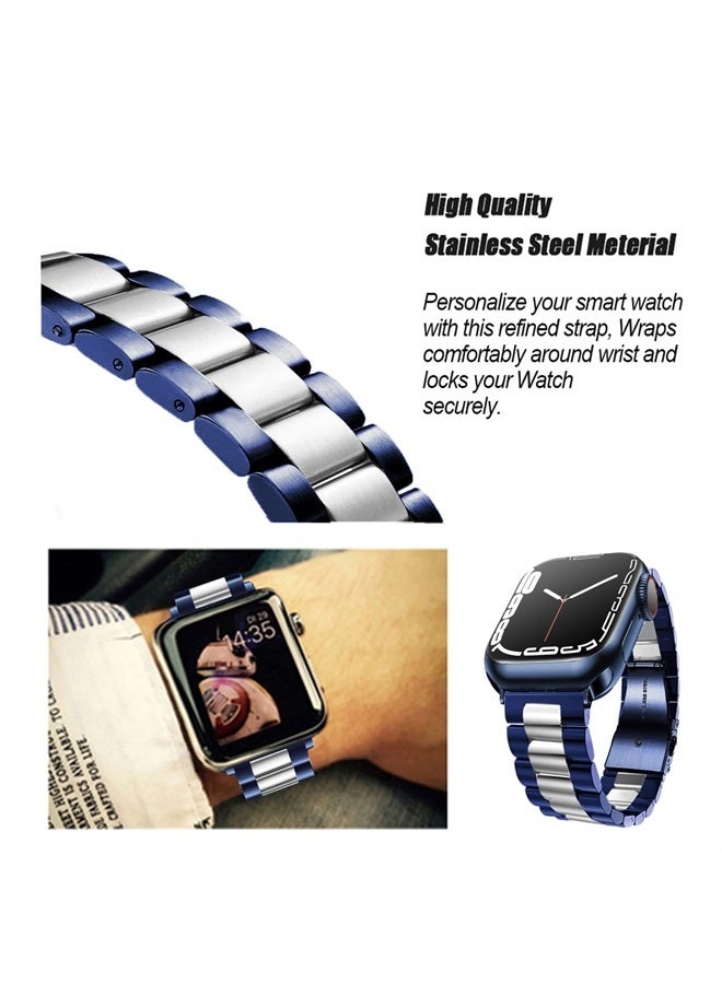 Bands Compatible with iWatch 38mm 42mm 40mm 44mm 41mm 45mm 49mm, Solid Stainless Steel Metal Strap Replacement for Apple Watch Series 8 / 7 / 6 / 5 / 4 / 3 / SE / Ultra Women Men (Blue / silve