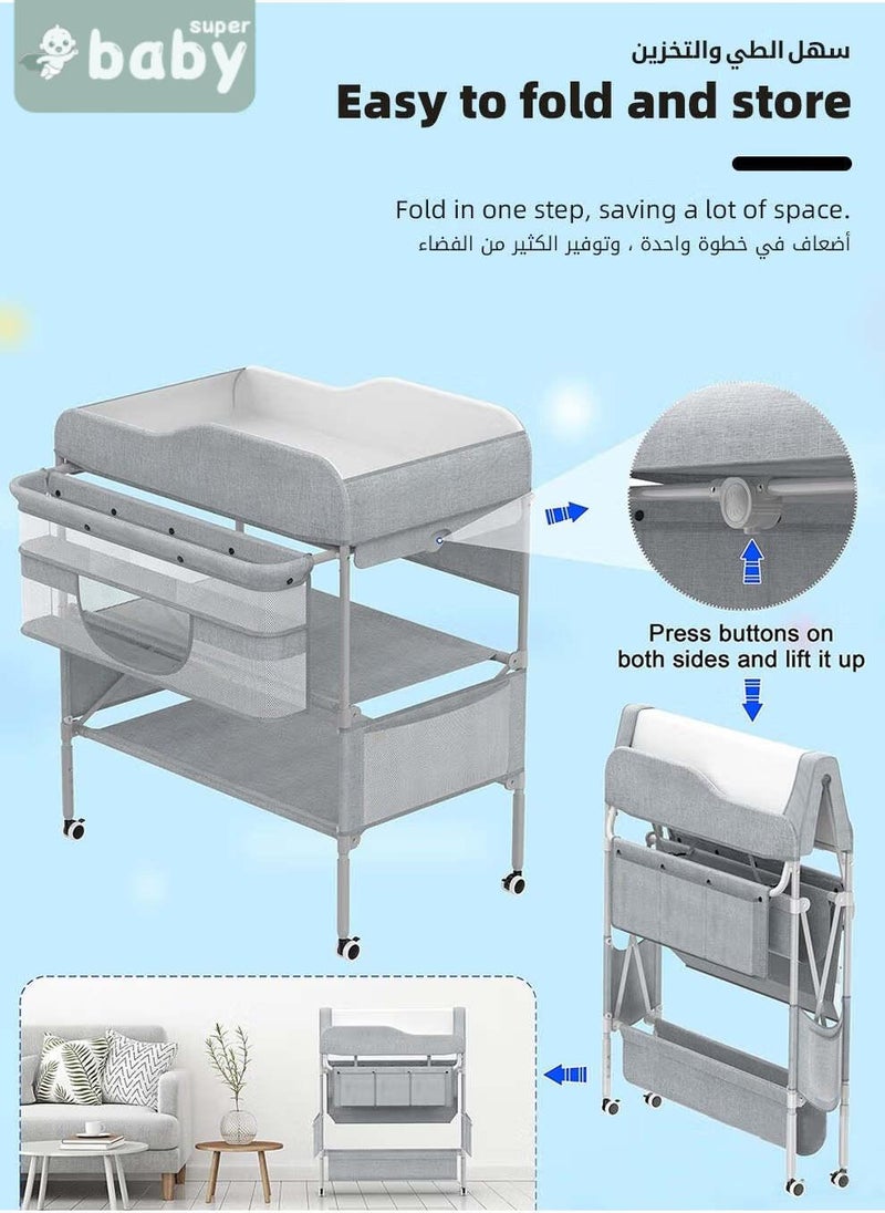 سوبر بيبي طاولة تغيير حفاضات الأطفال، محطة تغيير حفاضات الرضع قابلة للطي مع عجلات، منظم لغرفة الأطفال للأطفال الرضع، طاولة تغيير الحفاضات مع رف تخزين، هيكل مقوى و٣ ارتفاعات قابلة للتعديل - Image 5
