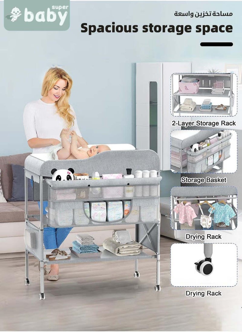 سوبر بيبي طاولة تغيير حفاضات الأطفال، محطة تغيير حفاضات الرضع قابلة للطي مع عجلات، منظم لغرفة الأطفال للأطفال الرضع، طاولة تغيير الحفاضات مع رف تخزين، هيكل مقوى و٣ ارتفاعات قابلة للتعديل - Image 2