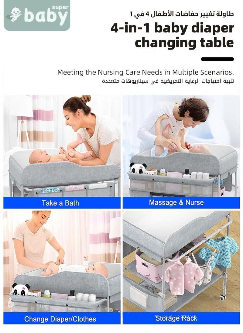 سوبر بيبي طاولة تغيير حفاضات الأطفال، محطة تغيير حفاضات الرضع قابلة للطي مع عجلات، منظم لغرفة الأطفال للأطفال الرضع، طاولة تغيير الحفاضات مع رف تخزين، هيكل مقوى و٣ ارتفاعات قابلة للتعديل - Image 3
