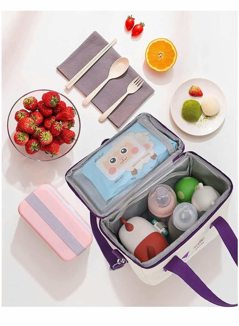 SYOSI Reusable Lunch Bags Large Cooler Tote Bag Aesthetic Kawaii Cute Lunch Bag Box with Straps Insulated Waterproof Durable for Women Girls Kids Office School (Purple)  - Image 3