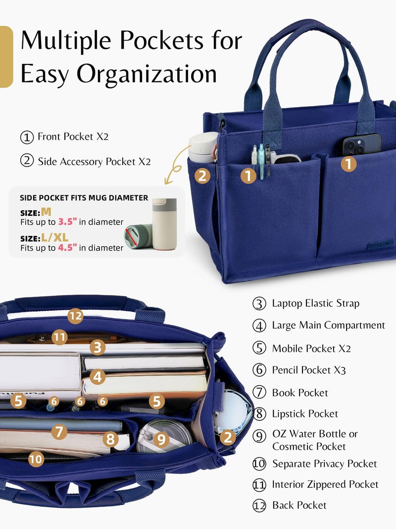 BESBESME Canvas Tote Bag for Women with Zipper, Compartments & Luggage Sleeve, Work and College Crossbody Bag, Adjustable Strap, Laptop Purse for Teacher, Nurse, Travel, Bible Study, Navy Blue M - Image 4