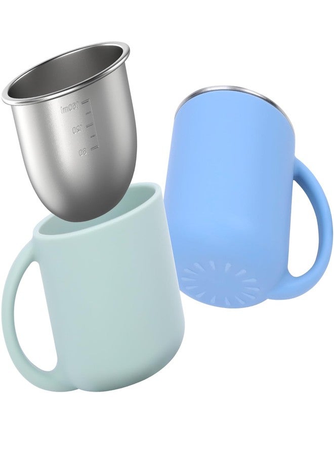 Bakpoco 2-IN-1 Open Toddler Cups, Stainless Steel Baby Cup + Silicone Training Cup for Toddlers Kids Babys, No Plastic | No Soap Smell | Shock-Proof Feeding Essentials, 2-Pack Blue/Sage - Image 1