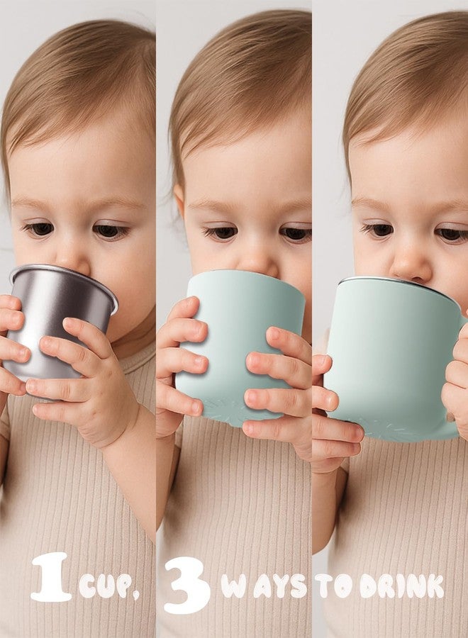 Bakpoco 2-IN-1 Open Toddler Cups, Stainless Steel Baby Cup + Silicone Training Cup for Toddlers Kids Babys, No Plastic | No Soap Smell | Shock-Proof Feeding Essentials, 2-Pack Blue/Sage - Image 3
