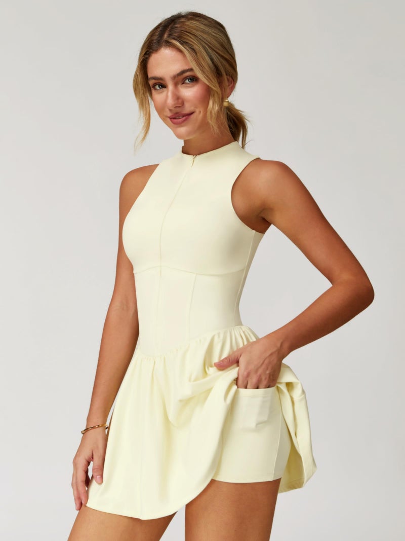 ABOCIW Athletic Dress for Women Zip Front Tennis Dress Built in Shorts and Bra High Neck Sleeveless Workout Golf Exercise Active Dresses with Pocket Lemon Yellow Small - Image 3