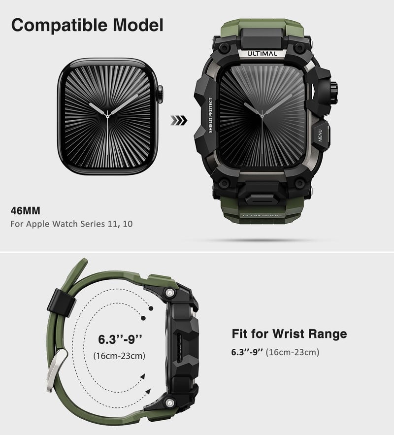 ULTIMAL Rugged Case with Band for Apple Watch 46mm,Compatible with Apple Watch Series 11/10, Military Grade Shockproof Bumper Cover for iWatch Tactical Band Men (Army Green, 46mm) - Image 2