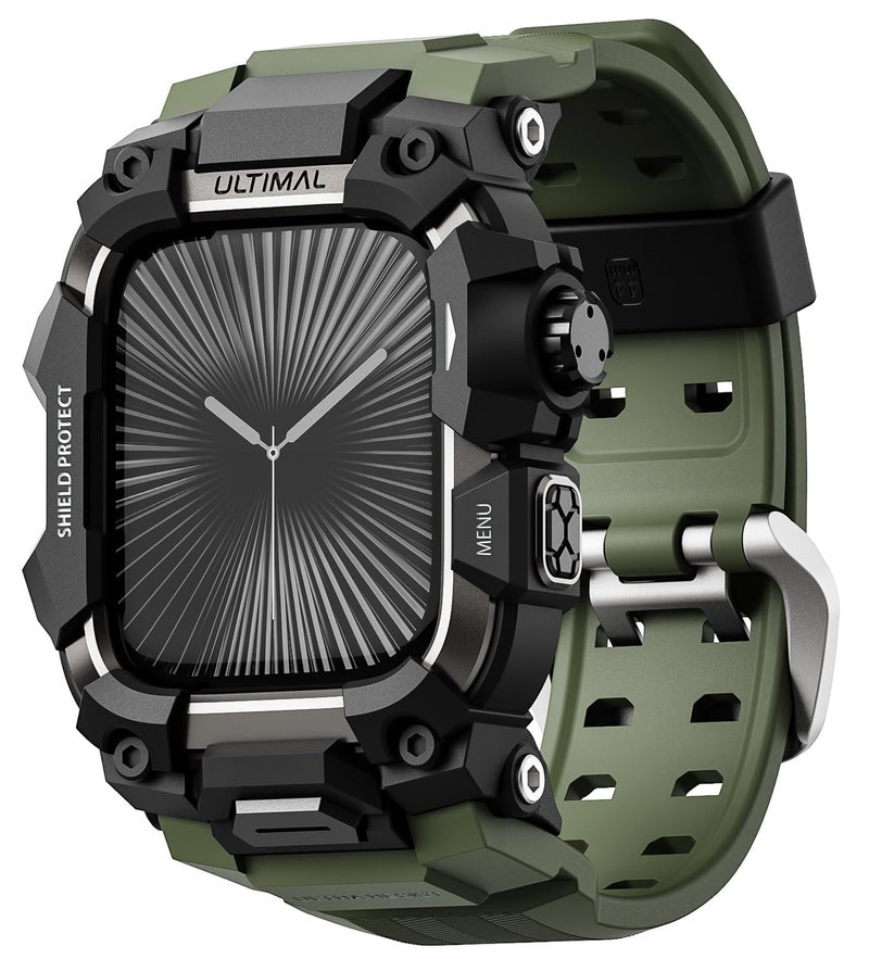 ULTIMAL Rugged Case with Band for Apple Watch 46mm,Compatible with Apple Watch Series 11/10, Military Grade Shockproof Bumper Cover for iWatch Tactical Band Men (Army Green, 46mm) - Image 1