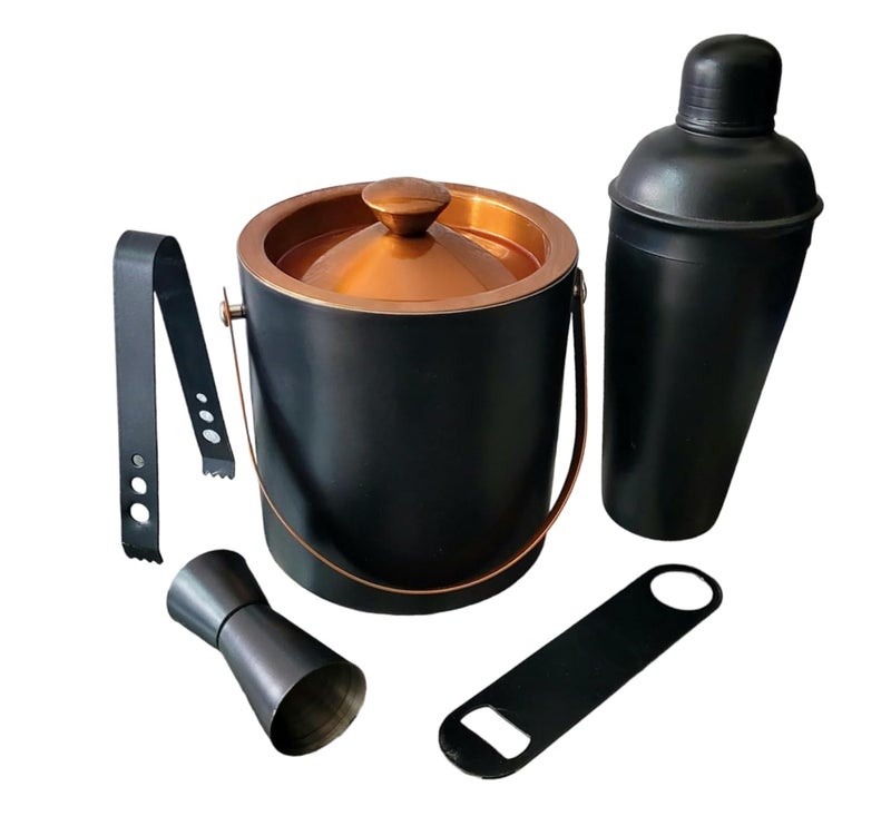 Nooks Stainless Steel Ice Bucket Bar Accessories Set 5pcs in Multi Color with Ice Bucket Ice Tong Cocktail Shaker peg Measure and Opener for Home and Mini Bar Wine Small - Image 1