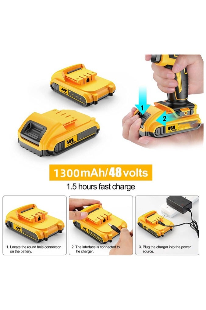 دنزوز تدريبات طاقة 48 فولت لسلان 3/8 بوصة مع بطارية أيون ليثيوم وحفر شاحن كهربائي مع سرعة متغيرة 19 موقعًا ومجموعة من الحفر/السائق على مدار 24 قطعة - Image 4