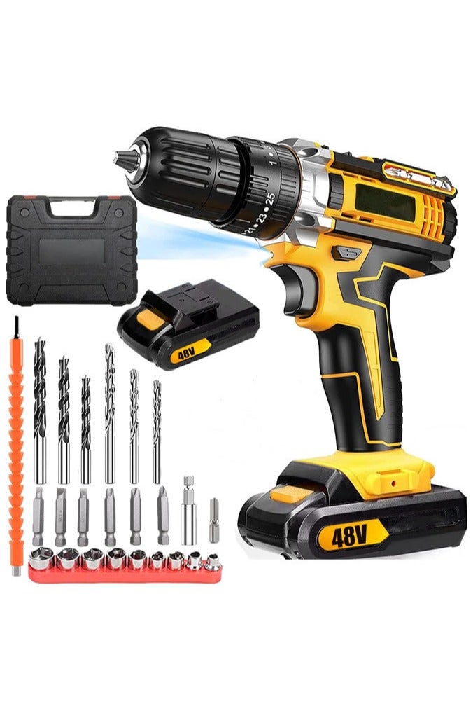 دنزوز تدريبات طاقة 48 فولت لسلان 3/8 بوصة مع بطارية أيون ليثيوم وحفر شاحن كهربائي مع سرعة متغيرة 19 موقعًا ومجموعة من الحفر/السائق على مدار 24 قطعة - Image 1