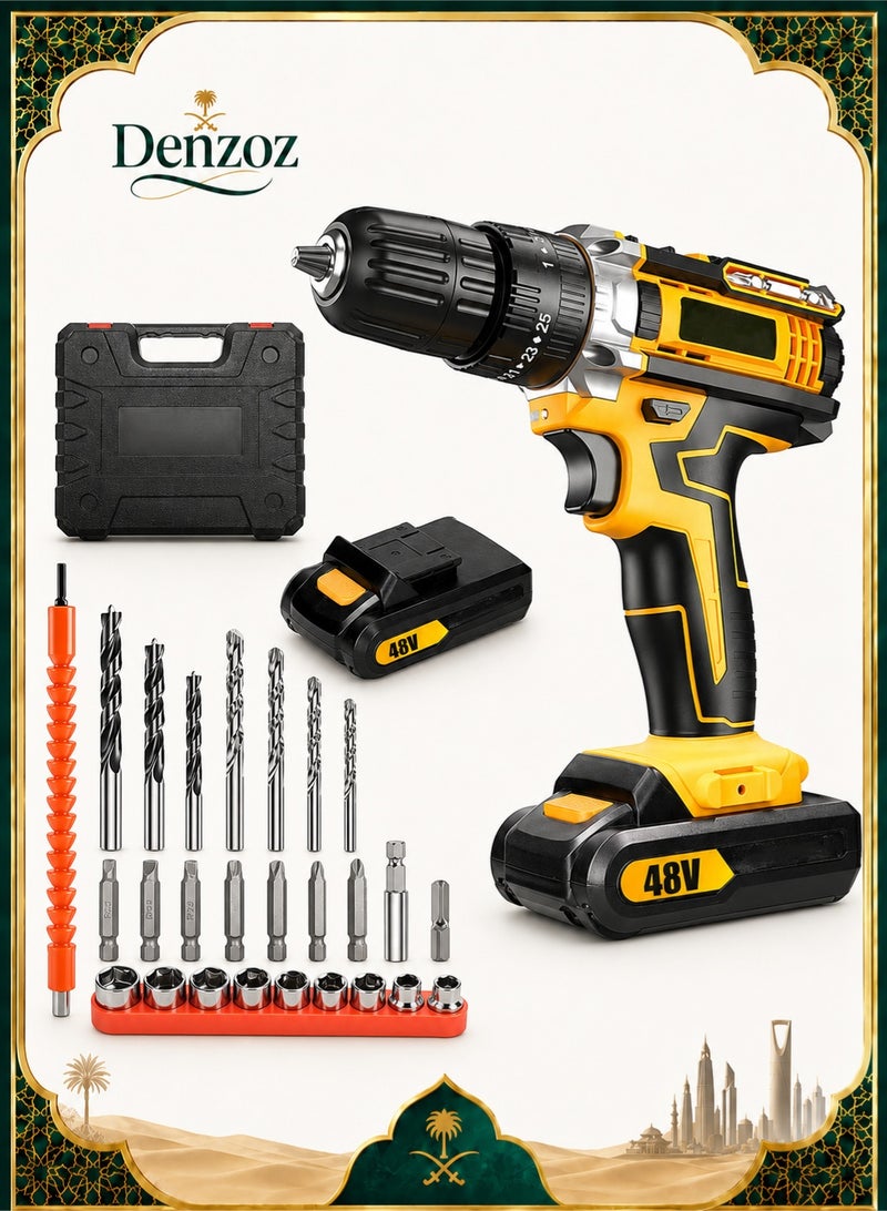 Denzoz 48V Cordless Drill 3/8 Inch Power Drill Set with Lithium Ion Battery and Charger Electric Drill with Variable Speed 19 Positions and 24-Pieces Drill/Driver Accessories Kit - Image 1