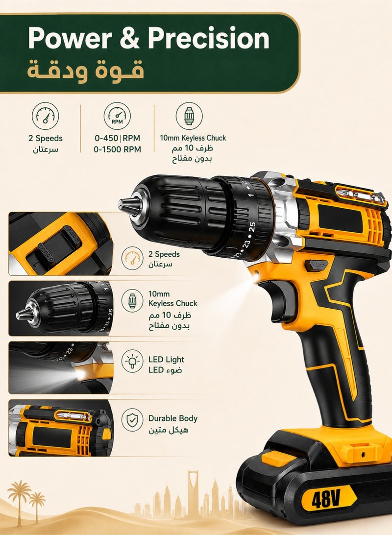 Denzoz 48V Cordless Drill 3/8 Inch Power Drill Set with Lithium Ion Battery and Charger Electric Drill with Variable Speed 19 Positions and 24-Pieces Drill/Driver Accessories Kit - Image 3