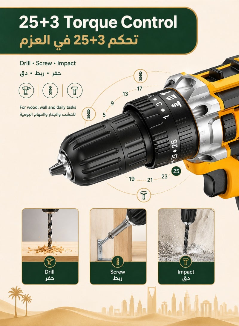 Denzoz 48V Cordless Drill 3/8 Inch Power Drill Set with Lithium Ion Battery and Charger Electric Drill with Variable Speed 19 Positions and 24-Pieces Drill/Driver Accessories Kit - Image 4