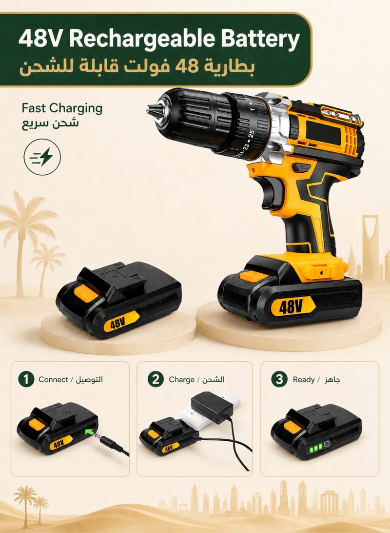 Denzoz 48V Cordless Drill 3/8 Inch Power Drill Set with Lithium Ion Battery and Charger Electric Drill with Variable Speed 19 Positions and 24-Pieces Drill/Driver Accessories Kit - Image 5