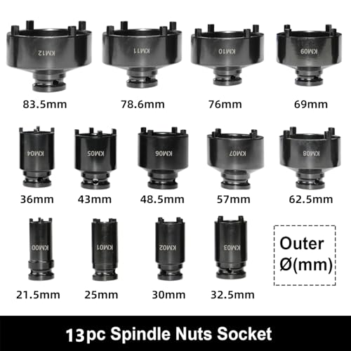 DPTOOL 13pc Spindle Nuts Socket Kit Ball Joints Axle Locknut Remove Install Locking Hub Socket for KM Groove Nuts, 4 Teeth Exterior with 1/2'' 21.5mm 25mm 30mm 32.5mm 36mm 43mm 48.5mm 57mm 62.5mm 69mm 76mm - Image 2