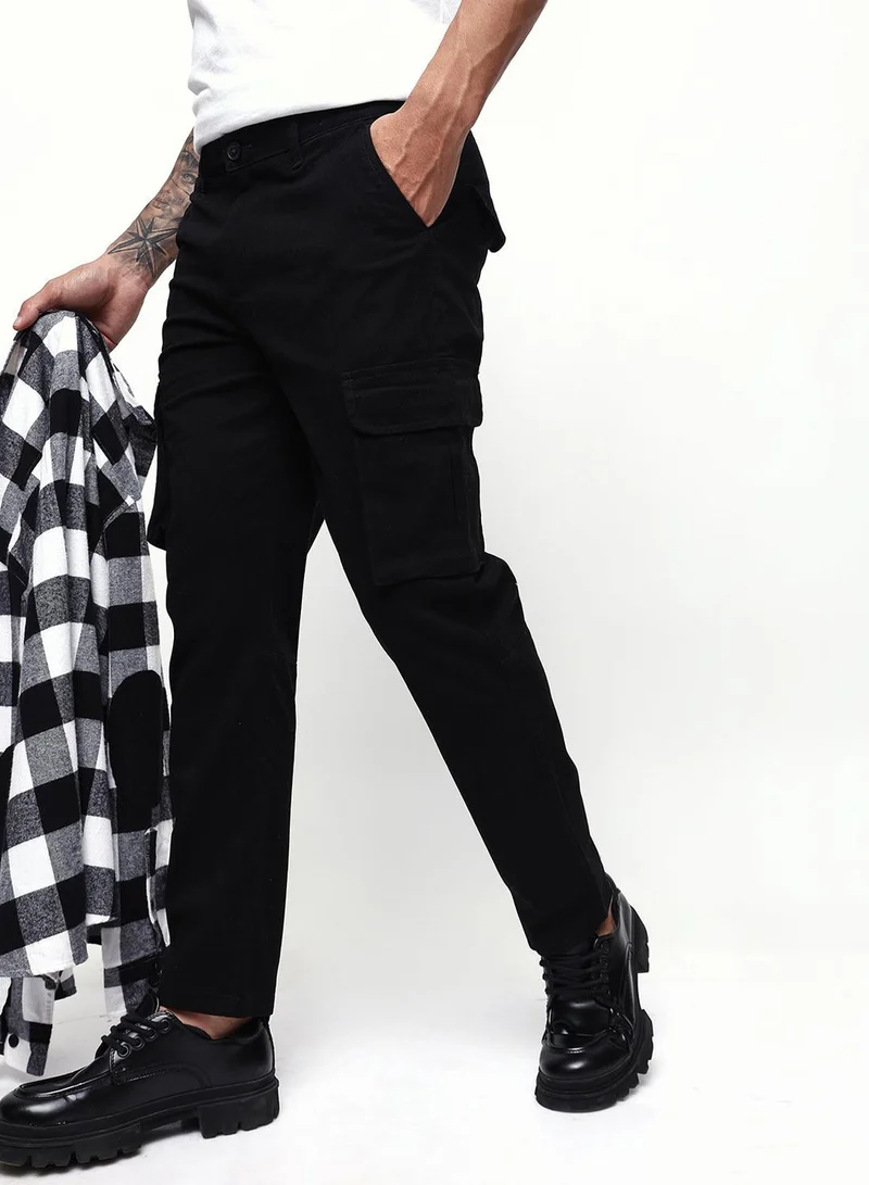 Men's Black Cotton Blend Full Relaxed Cargo Trouser