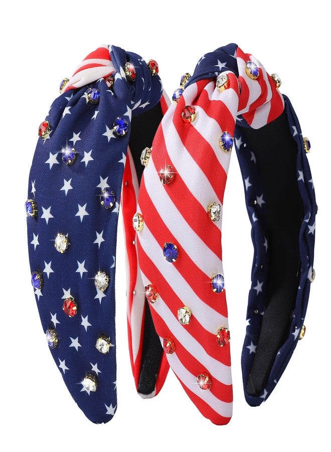 winthrop 2 Pack 4th of July American Flag Headbands for Women - Patriotic Red White Blue Jeweled Top Knot Hair Accessories with Stars and Stripes for Independence Day Party BBQ Parade - Image 1