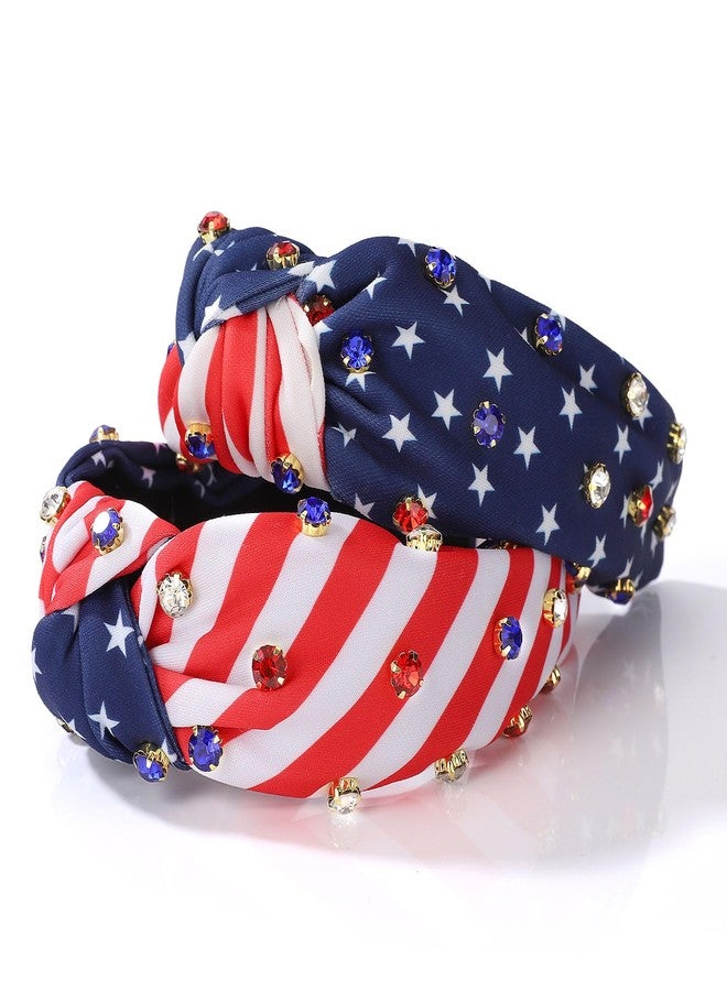 winthrop 2 Pack 4th of July American Flag Headbands for Women - Patriotic Red White Blue Jeweled Top Knot Hair Accessories with Stars and Stripes for Independence Day Party BBQ Parade - Image 3
