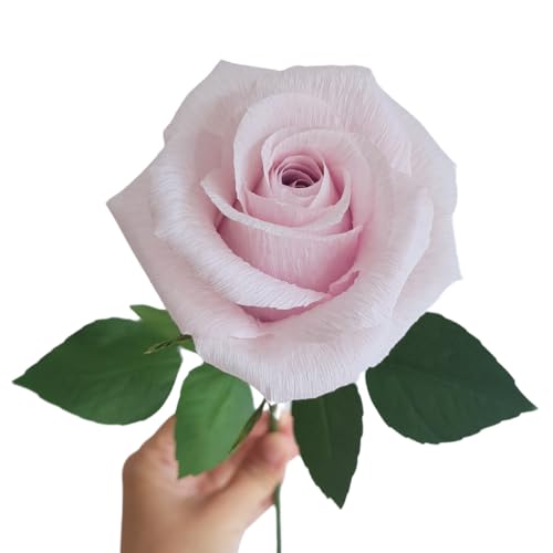 Camellia Bees Camellia Bees Paper Rose Gift Single Long stem Paper Rose for Mothers Day Valentines Day Wedding Anniversary Birthday Handmade Crepe Paper Flower Light Purple 