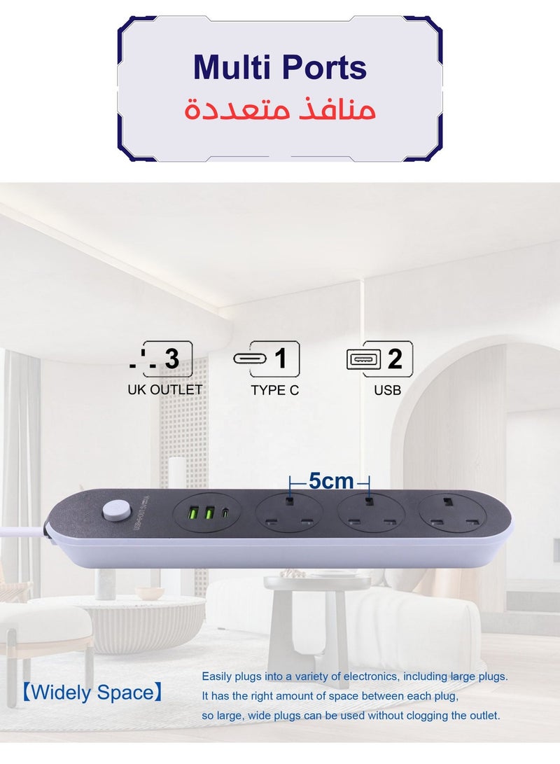توصيله كهربائيه سلك تمديد الطاقة، سلك شريط الطاقة مع 3 منافذ تيار متردد و3 منافذ USB (1 USB-C)، سلك تمديد عالي التحمل 13 أمبير محمي من زيادة التيار، مصراع أمان و3M أو 5M، محطة طاقة مدمجة للمنزل والمكتب وسطح المكتب - Image 2