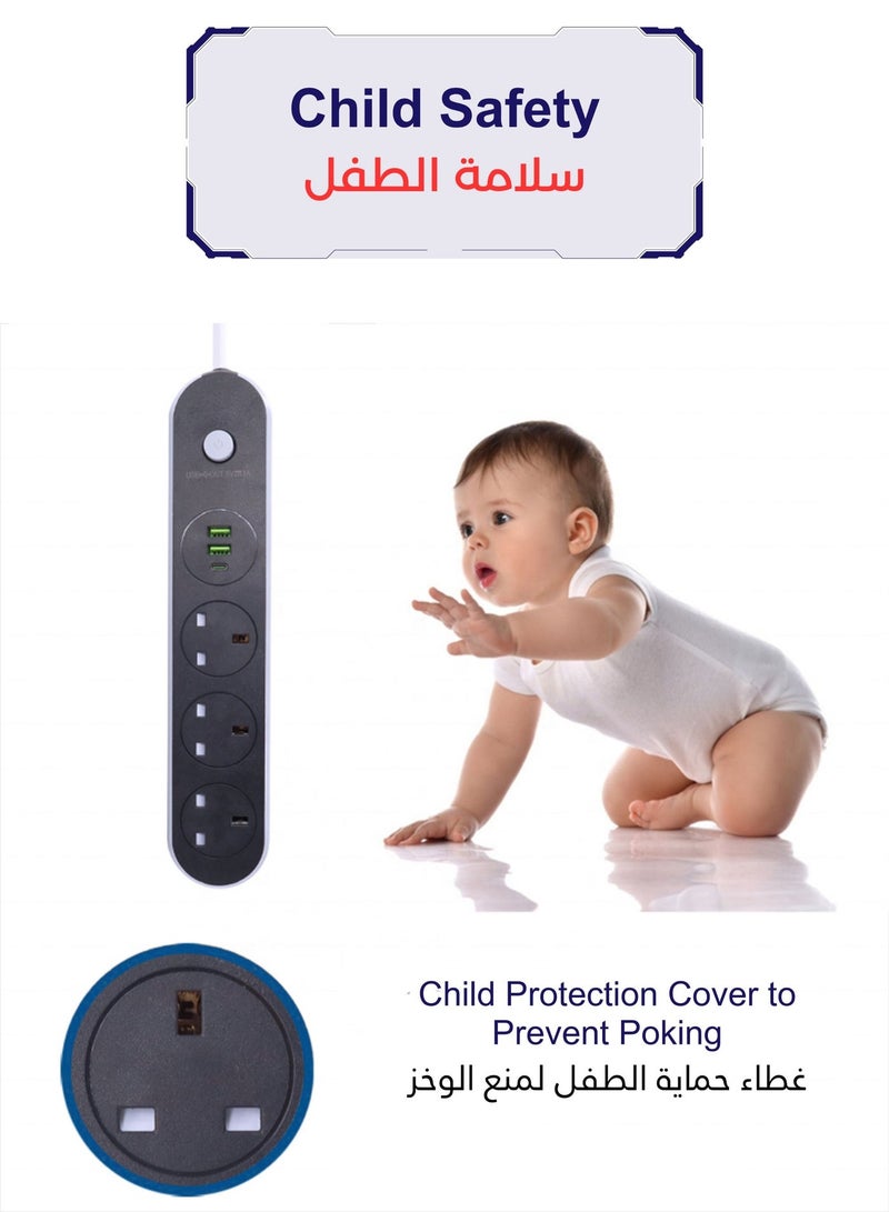 توصيله كهربائيه سلك تمديد الطاقة، سلك شريط الطاقة مع 3 منافذ تيار متردد و3 منافذ USB (1 USB-C)، سلك تمديد عالي التحمل 13 أمبير محمي من زيادة التيار، مصراع أمان و3M أو 5M، محطة طاقة مدمجة للمنزل والمكتب وسطح المكتب - Image 3