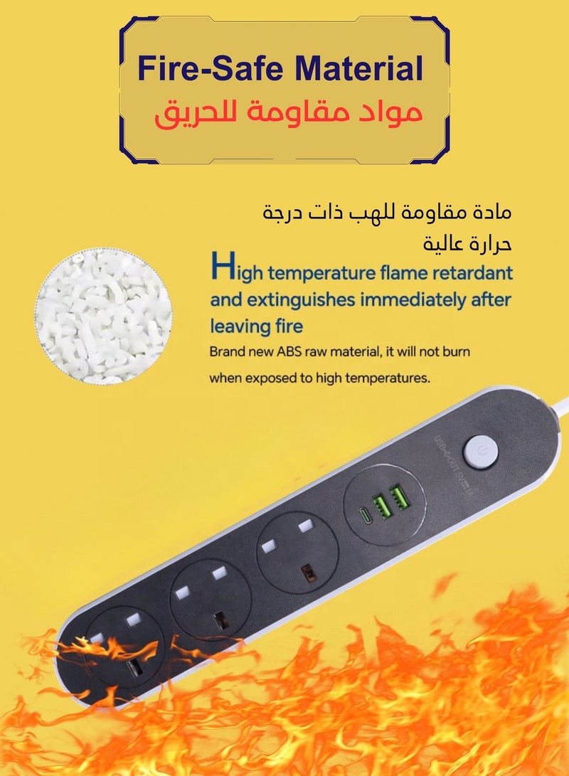 توصيله كهربائيه سلك تمديد الطاقة، سلك شريط الطاقة مع 3 منافذ تيار متردد و3 منافذ USB (1 USB-C)، سلك تمديد عالي التحمل 13 أمبير محمي من زيادة التيار، مصراع أمان و3M أو 5M، محطة طاقة مدمجة للمنزل والمكتب وسطح المكتب - Image 4