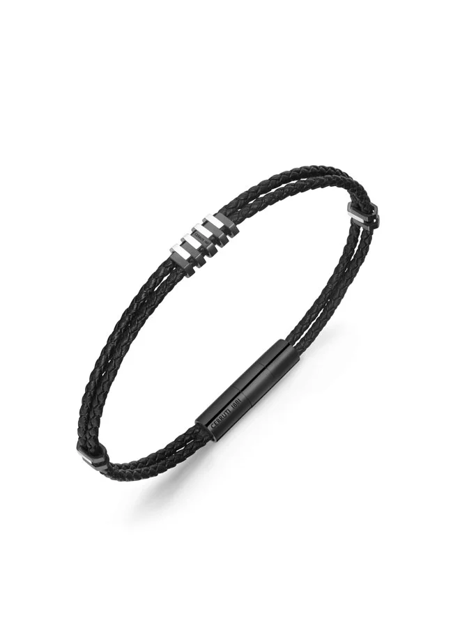 CERRUTI 1881 Cords.2Black Leather 2-Layered Bracelet with Steel ElementsContemporary and Sophisticated Design