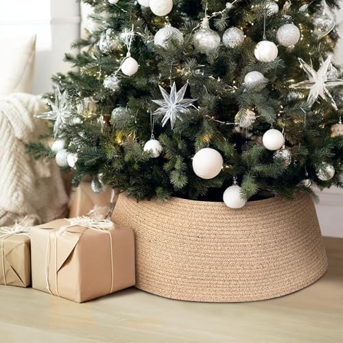 MEGASKET Christmas Tree Collar, 28 inch Woven Christmas Tree Skirt, Rustic Wicker Xmas Tree Ring Base Cover, Farmhouse Cotton Rope Holiday Decoration for Artificial Real Trees, Brown - Image 4