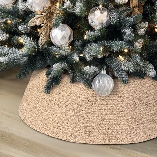 MEGASKET Christmas Tree Collar, 28 inch Woven Christmas Tree Skirt, Rustic Wicker Xmas Tree Ring Base Cover, Farmhouse Cotton Rope Holiday Decoration for Artificial Real Trees, Brown - Image 1