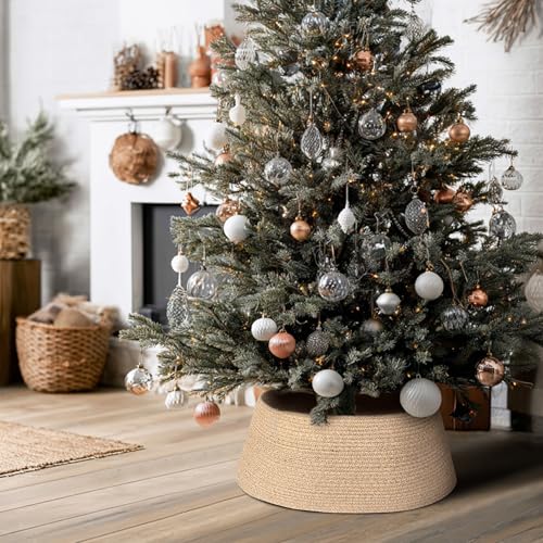MEGASKET Christmas Tree Collar, 28 inch Woven Christmas Tree Skirt, Rustic Wicker Xmas Tree Ring Base Cover, Farmhouse Cotton Rope Holiday Decoration for Artificial Real Trees, Brown - Image 5