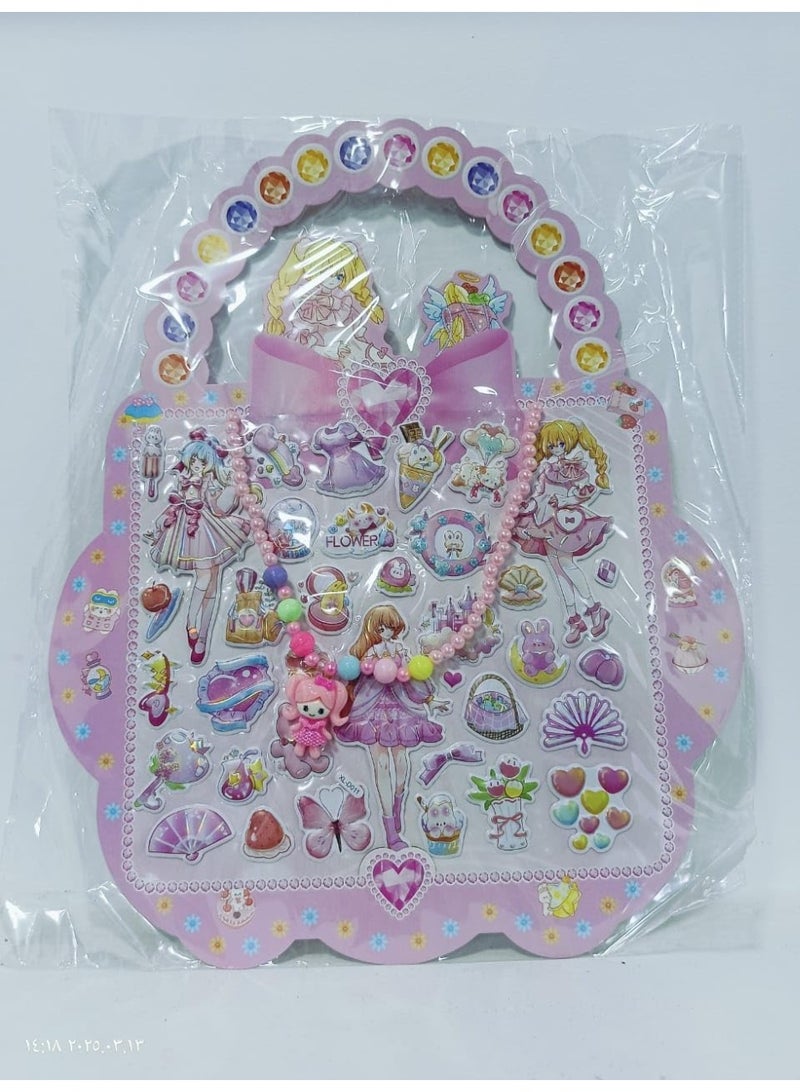 طقم هدايا البنات الإبداعي - لوحة ملصقات بارزة (Stickers) بأشكال شخصيات كرتونية متنوعة مع عقد لؤلؤ بلاستيكي ملون - عبوة بتصميم حقيبة - Image 2