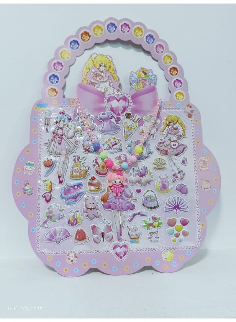 طقم هدايا البنات الإبداعي - لوحة ملصقات بارزة (Stickers) بأشكال شخصيات كرتونية متنوعة مع عقد لؤلؤ بلاستيكي ملون - عبوة بتصميم حقيبة - Image 1