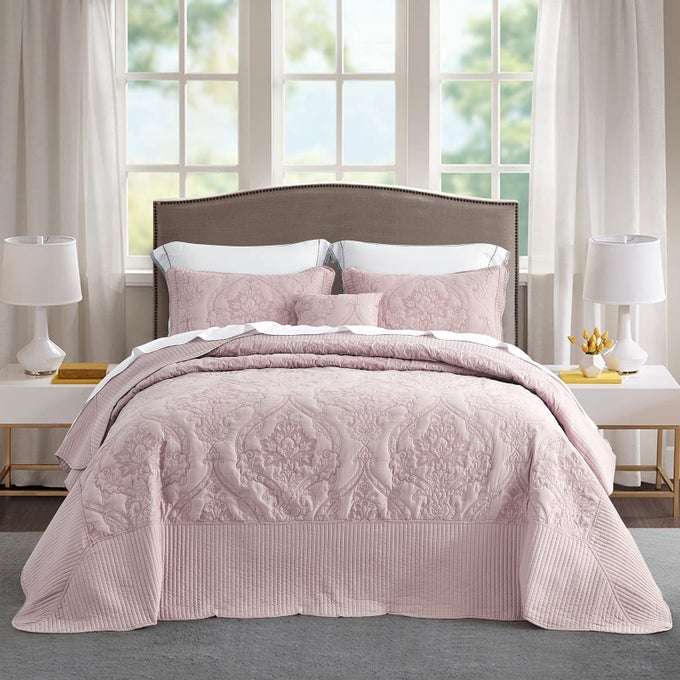 OVERSIZED BEDSPREAD COVERLET SET KING SIZE LIGHTWEIGHT BEDDING COVER BEAUTIFUL STITCHING 4 PIECE REVERSIBLE BEDSPREAD GORGEOUS DAMASK PAISLEY PATTERN KING PALE ROSE