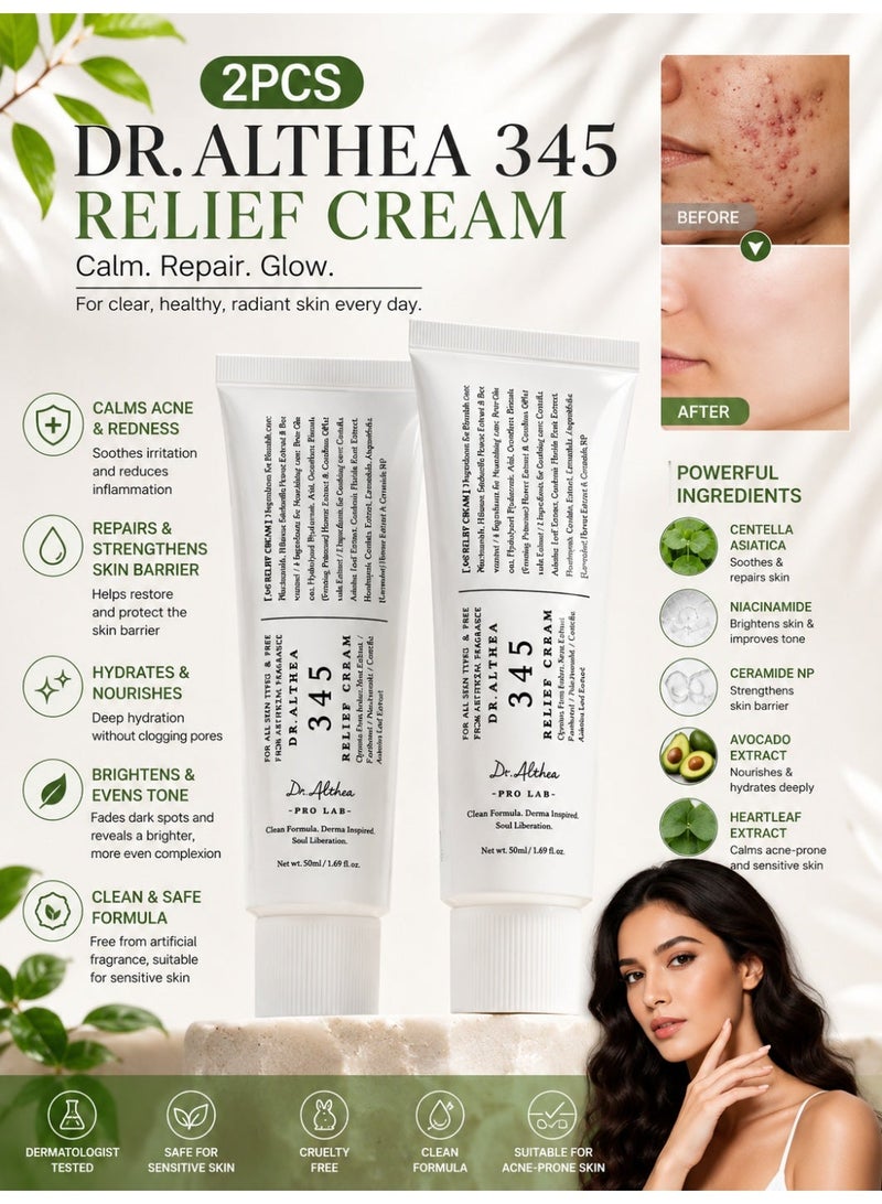 Dr.Althea 345 Relief Cream - Soothing Face Moisturizer with Niacinamide & Panthenol | Blemish Care, Hydration & Redness Relief | Vegan Korean Skincare for All Skin Types | 50ml  2pcs - Image 1
