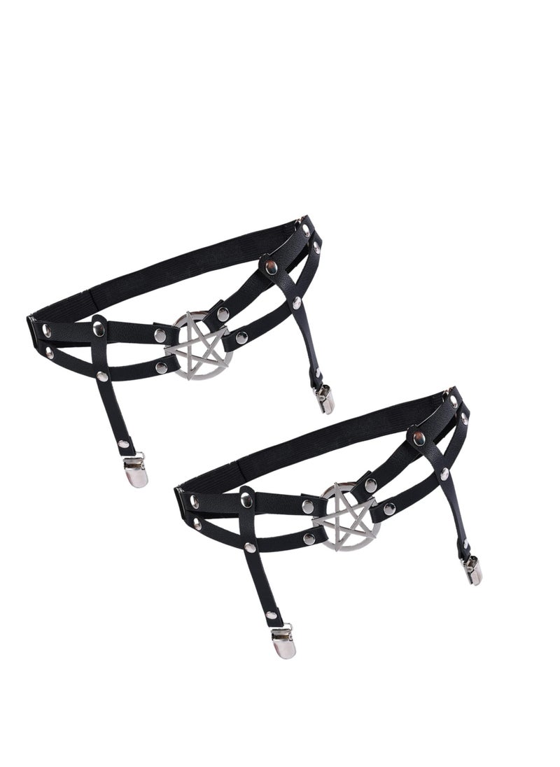 Excefore - Women Adjustable Leather Thigh Garter, 2Pcs Star Shaped Leg Garter with Clips Punk Goth Garters for Thigh-high Socks - Image 1