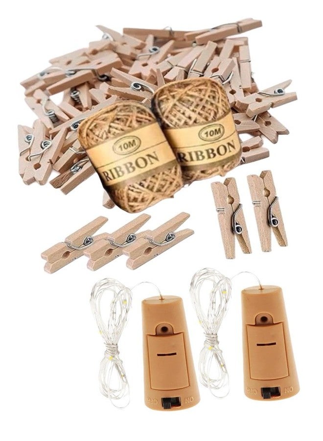 MSGH Mini Natural Wooden Clips with Jute Rope, Photo Hanging Wooden Clips, Mini Wooden Pin, Little Baby Shower, Party Decorations & Hobby Crafts (50pcs Clip, 2pcs Jute & 2pcs Cork Light) - Image 1