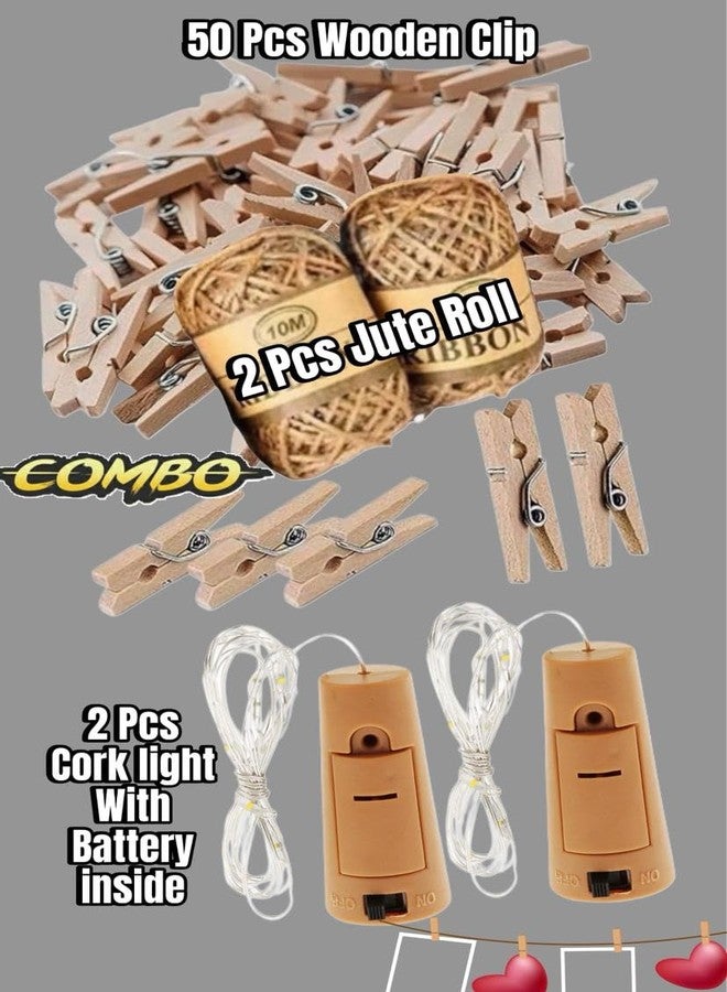 MSGH Mini Natural Wooden Clips with Jute Rope, Photo Hanging Wooden Clips, Mini Wooden Pin, Little Baby Shower, Party Decorations & Hobby Crafts (50pcs Clip, 2pcs Jute & 2pcs Cork Light) - Image 2