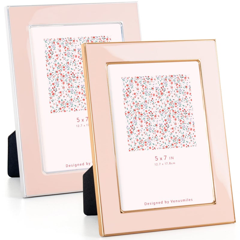 Venusmiles 5x7 Enamel Picture Frame  2pcs Gold Silver Metal Edge with Easel  Real Glass Photo Frame for Wall and Tabletop Display Family Office Photo Gallery  Pink Enamel