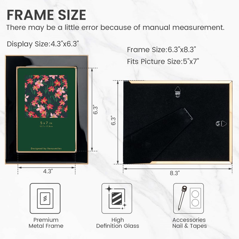 Venusmiles 5x7 Enamel Picture Frame  2pcs Gold Silver Metal Edge with Easel  Real Glass Photo Frame for Wall and Tabletop Display Family Office Photo Gallery  Pink Enamel