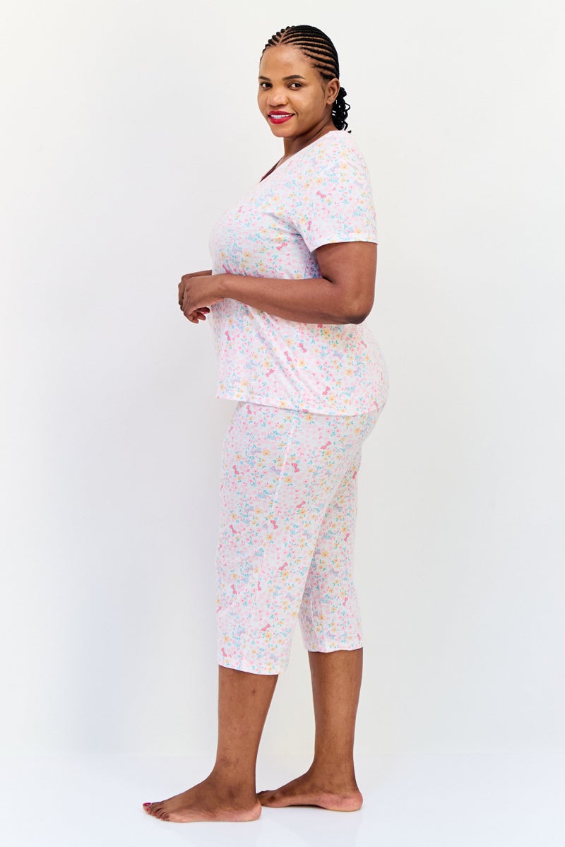 Celestial Dreams Women 2 Pieces Plus Size Floral Print Top And Pajama Set, Multicolor - Image 3