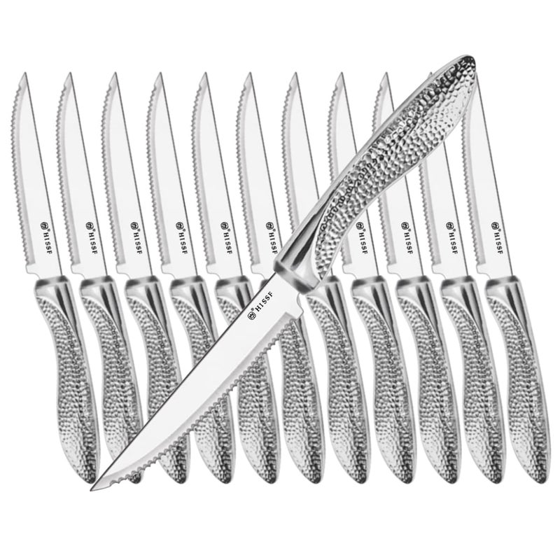 HISSF Serrated Steak Knives Set of 12 Stainless Steel Sharp Blade Flatware Steak Knife Set Hammered Pattern Hollowed Handle45 InFor Kitchen Restaurant TablewareDishwasher Safe