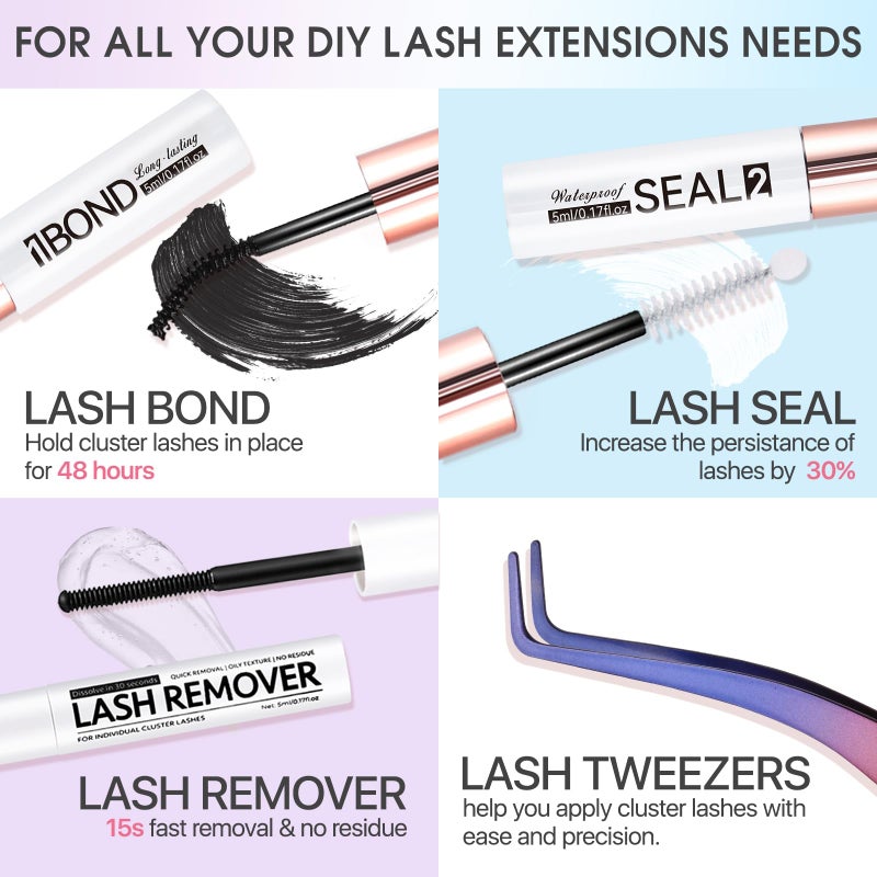 Miuffue 3 PCS Lash Kit Bond and Seal with Tweezers Remover Kit, DIY Eyelash Glue and Lash Applicator Tool Cluster Glue Remover Fast Removal with No Residue - Image 2
