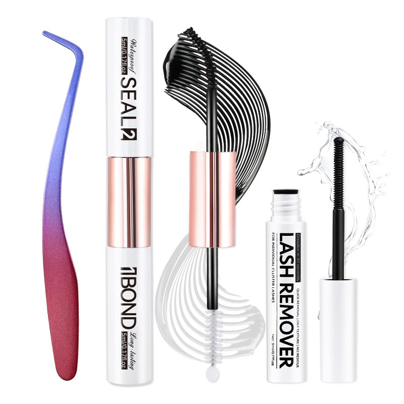 Miuffue 3 PCS Lash Kit Bond and Seal with Tweezers Remover Kit, DIY Eyelash Glue and Lash Applicator Tool Cluster Glue Remover Fast Removal with No Residue - Image 1
