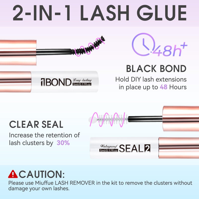 Miuffue 3 PCS Lash Kit Bond and Seal with Tweezers Remover Kit, DIY Eyelash Glue and Lash Applicator Tool Cluster Glue Remover Fast Removal with No Residue - Image 3
