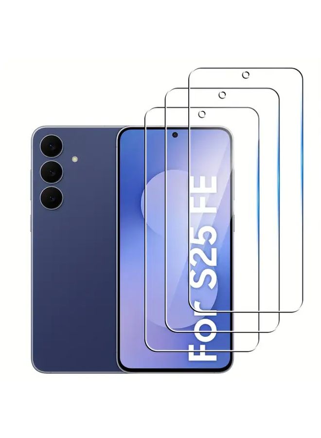 واقي شاشة من الزجاج المقوى ثلاثي القطع لجهاز Galaxy S25 FE، شفاف عالي الوضوح، مقاوم للخدوش، تغطية كاملة. - Image 1