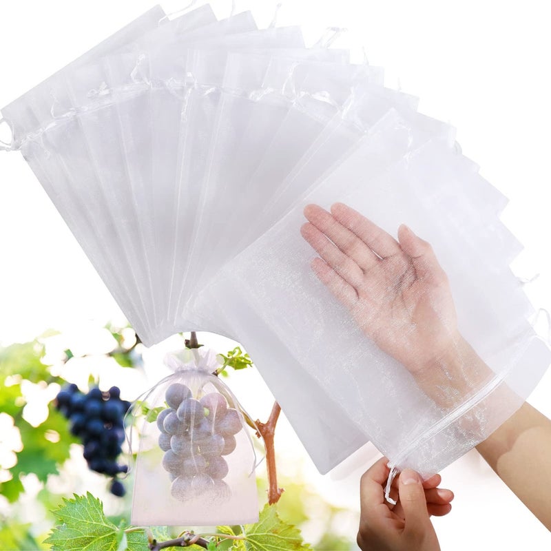 50pcs Fruit Protection Bags 6x9 inch White Mesh Drawstring Netting Cover Bags for Grapes Mango Fruit Trees Vegetables Pest Barrier and Fruit Protectors for Garden and Plant Fruit Flower